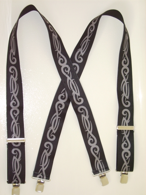 TRIBAL SILVER & BLACK 2"X54" Suspenders with 4 strong 1"x 1" Grips and 2 Length Adjusters in the front, all in NICKEL FINISH. Entirely Stretchable Cotton/Polyester Material. Entirely Stretchable Cotton/Polyester hand washable, hang to dry suspenders. Entirely Stretchable Cotton/Polyester hand washable, hang to dry suspenders. UA220N54TRIB